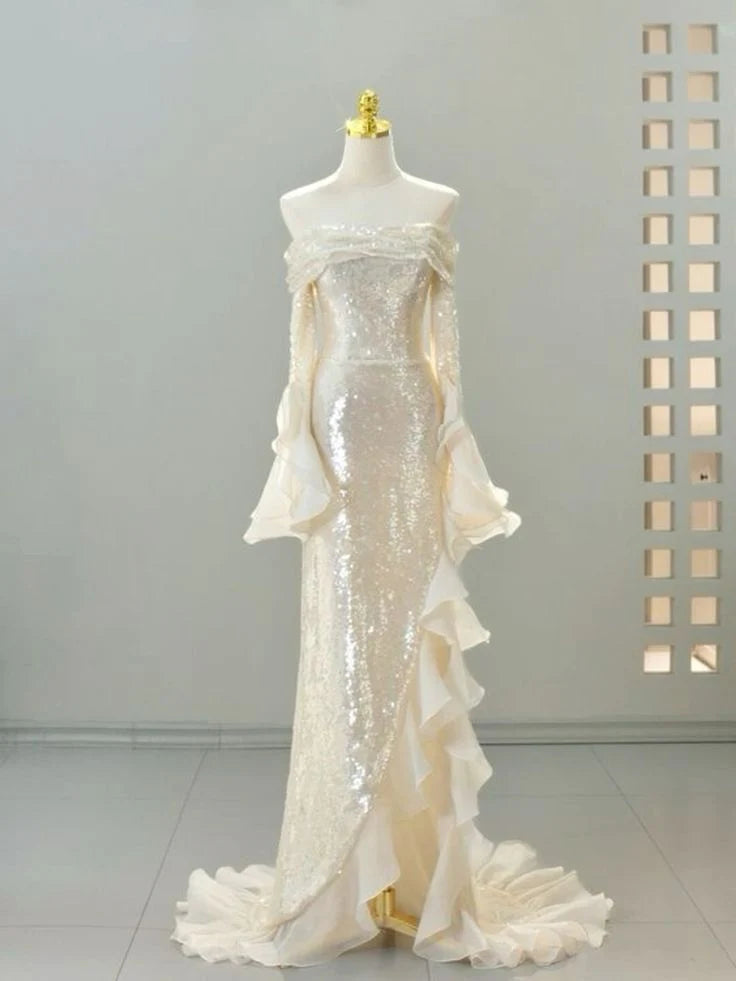 TingPo Wholesale Pretty Mermaid Off The Shoulder Long Sleeves Sequin Evening Dress Prom Dresses With Ruffles formal wear dresses